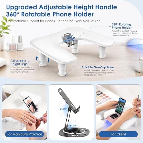 Manicure Arm Rest for Nails Tech: U-shaped Adjustable Nail Arm Rest with Phone Holder - Comfortable PU Leather Cover Nail Tech Arm Rest for Professionals Home & Salon - White thumbnail 2