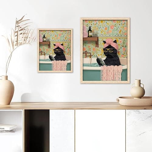 ICHZUMW Funny Black Cat Bathroom Wall Art Decor, Cute Framed Canvas Print Painting, Quirky Animal Pictures Wall Decoration, Humorous Girly Pink Artwork for Bedroom Restroom Powder Room Office, 8x10in thumbnail 5