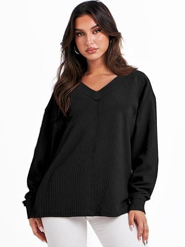 ANRABESS Oversized Long Sleeve Shirts for Women Off the Shoulder Sweatshirt Loose V Neck Tunic Tops High Low Sweater 2025 thumbnail 6