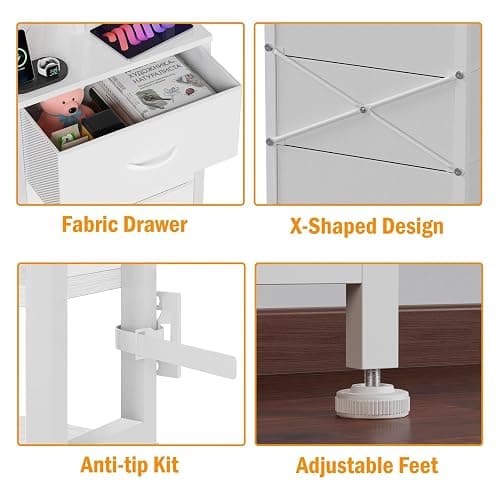 Furnulem Tall Nightstand with LED Lights and 3 Tier Shelves, Night Stand with 3 Fabric Drawers, 45.3inch Tall Bedside Tables with USB Ports and Outlets in Bedroom, Dorm, Office (White) thumbnail 5