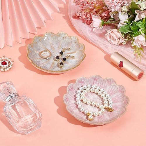 NBEADS 2 Pcs Ceramic Jewelry Tray, Lotus Flower Ring Dish Holder Porcelain Trinket Tray Decorative Trinket Plate for Ring Necklace Bracelet Jewelry Watch Key Gift, Whitesmoke/Pink thumbnail 4