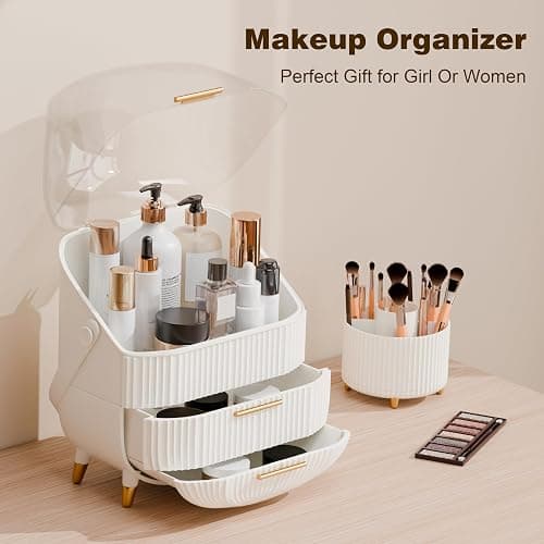lurcns Makeup Organizers and Storage Make up Organizer for Vanity Cosmetics Skincare With Lid and Drawers Display Cases for Countertop Bathroom Women Teenager Girl Gifts(White+Brush Holder) thumbnail 4
