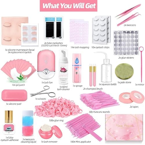 Lash Extension Kit Professional Eyelash Extensions Supplies Training for Beginners Mannequin Head Grafting Lash USB Fan Lash Shampoo Brush Spraye 0.07D Curl Mix 8-15mm Practice Eyelash Strips thumbnail 2