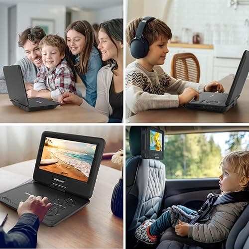 DBPOWER 11.5" Portable DVD Player, 5-Hour Built-in Rechargeable Battery, 9" Swivel Screen, Support CD/DVD/SD Card/USB, Remote Control, 1.8 Meter Car Charger, Power Adaptor and Car Headrest (Black) thumbnail 7