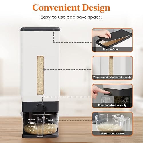 Lifewit Rice Dispenser 25 Lbs, Airtight Storage with Measuring Cup, Black | BPA-Free 11.3kg Capacity Storage Container for Beans, Corn & Other Small Grains, One-Press Dispensing Bin for Kitchen Pantry thumbnail 4