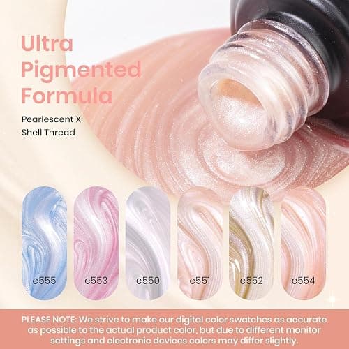 Beetles Pearl Gel Nail Polish – Glitter Silk 6 Colors Gel Polish Set, Pastel Pink White Orange Blue Colors Shimmer Mermaid Shell Swirl Thread Effect Soak Off UV LED Gift for Women thumbnail 3