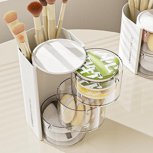 Hair Accessories Organizer with Hair Brush Holder, Rotatable Makeup Brush Holder for Necklaces, Earring, Bracelet, Ring, Makeup Brushes, Hair Clip and Hair Accessories (White, 3-Layer) thumbnail 2