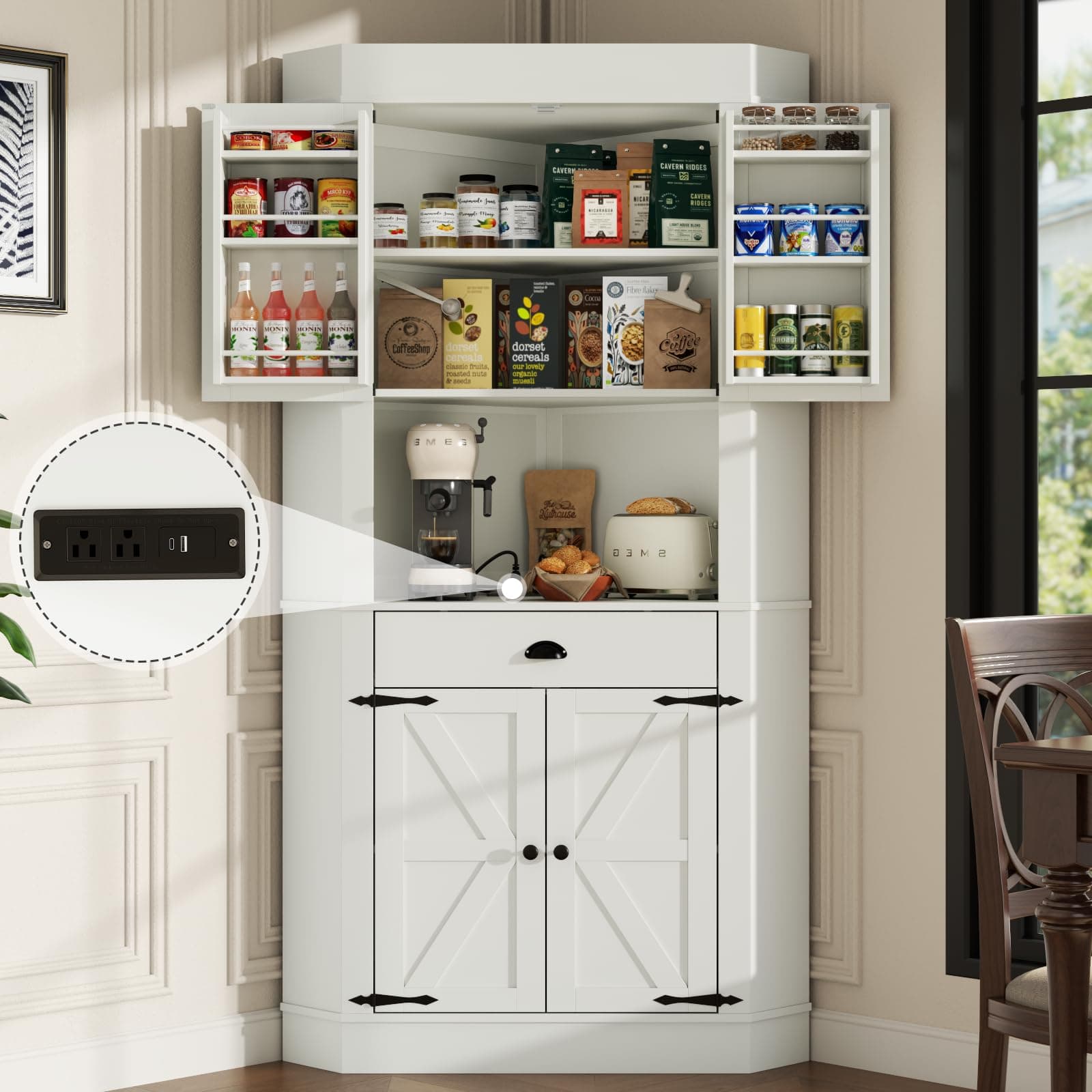 74" Corner Cabinet with Charging Station,Kitchen Pantry Cabinet with Drawer - Image 1