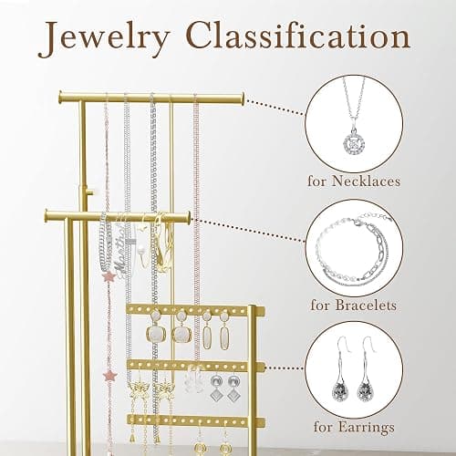 susswiff Jewelry Holder Organizer Stand - Adjustable Tall 17.5" (Max), Sturdy Jewelry Hanger for Necklaces, Earrings, Bracelets, Rings, Jewlery Display and Storage, Gold and White, Metal thumbnail 4