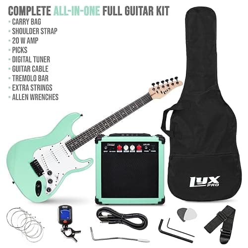LyxPro 39 inch Electric Guitar Kit Bundle with 20w Amplifier, All Accessories, Digital Clip On Tuner, Six Strings, Two Picks, Tremolo Bar, Shoulder Strap, Case Bag Starter kit Full Size - Green thumbnail 2