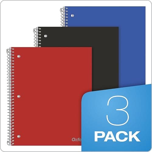Oxford Spiral Notebooks, 1 Subject, College Ruled Paper, Durable Plastic Cover, 100 Sheets, Durable Divider Pocket, 3-Hole Punch, 3 Pack, Red, Black and Blue (10390) thumbnail 6