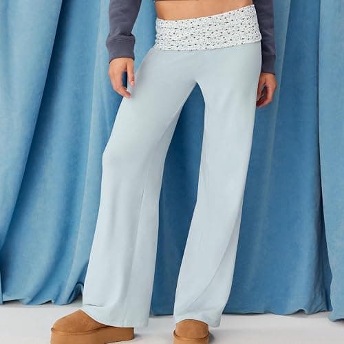 Yoawdats Fold Over Yoga Pants for Women Wide Leg Sweatpants Low Rise Flare Lounge Pant Bell Bottoms Y2K Foldover Pants - Image 1