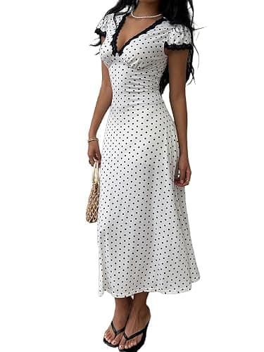 Milumia Women's Polka Dots Lace Trim Deep V Neck Dress Short Sleeve Flared Long Dresses - Image 1