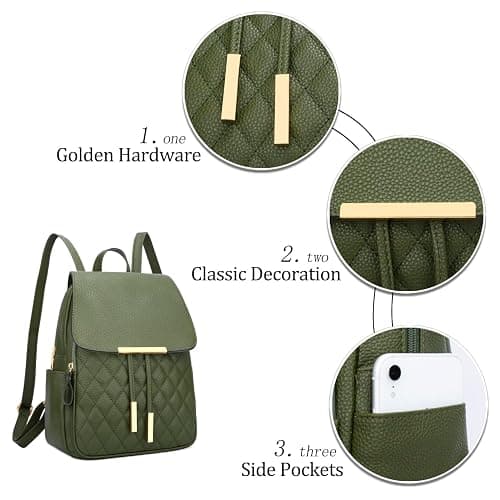 KKXIU Quilted Trendy Leather Backpack Purse for Women and Ladies Shoulder Travel Daypacks Bags (Olive) thumbnail 4