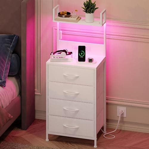 Somdot White Nightstand with Charging Station and LED Lights, Bedside Table Tall Night Stand with 4 Fabric Drawers and Top Shelf for Bedroom Guest Room Dorm Hallway thumbnail 2