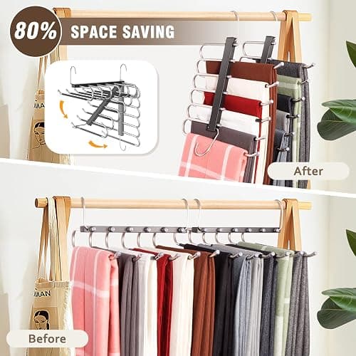 HUITEM 4 Pack 6-Tier Space Saving Pant Hangers, Anti-Slip, Lightweight, Stainless Steel, Black, 6 Pairs Jeans Hangers - 4 Pack - Black thumbnail 2
