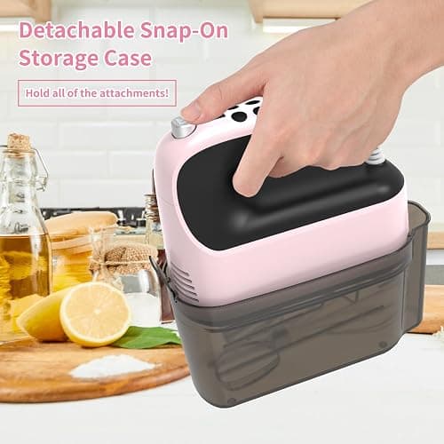 Yomelo 9-Speed Digital Hand Mixer Electric, 400W Powerful DC Motor, Hand Mixer Electric Handheld with Snap-On Storage Case, 5 Stainless Steel Accessories, Beaters, Dough Hooks, Whisk(Pink/Black) thumbnail 6