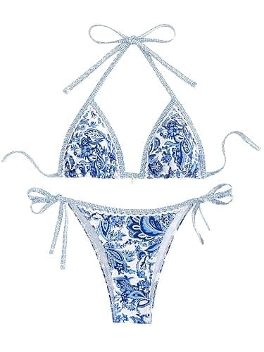 WDIRARA Women's 2 Piece Boho Swimsuits Floral Print Halter String Triangle Bikini Set Beach Bathing Suit - Image 1
