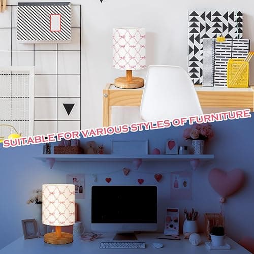VIHOSE Coquette Bow Table Lamp for Kids Pink Bow Bedside Lamp for Bedroom Wooden Nightstand Cartoon Nursery Decoration Lampshade for Girls Boys Living Room thumbnail 5