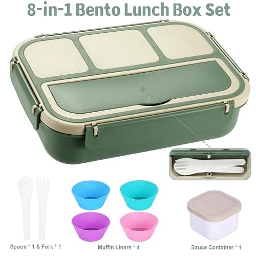 Bento Box Adult Lunch Box, Lunch Containers for Kids Girls Boys with 4 Compartments, Lunchable Food Container with Utensils, Sauce Jar, Muffin Liners, 40 Oz/5 Cup, Microwave & Dishwasher Safe, Green thumbnail 6