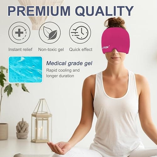 EXQUISLIFE Migraine Headache Relief Cap, Gel Ice Head Wrap, Hot and Cold Therapy, Headache Eyes Mask for Sinus, Puffy Eyes, Tension and Stress Relief (Hot Pink) thumbnail 4