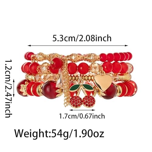 JWIGP 4Pcs Cherry Bracelet Set for Women, Red Beaded Pendant Stretch Layered Gold Plated Crystal Charm Bracelets Jewelry Stackable Boho Christmas Accessories Gift thumbnail 7