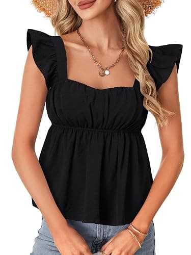 Rooscier Women's Square Neck Ruffle Cap Sleeve Ruched Peplum Babydoll Blouse Tank Tops thumbnail 3