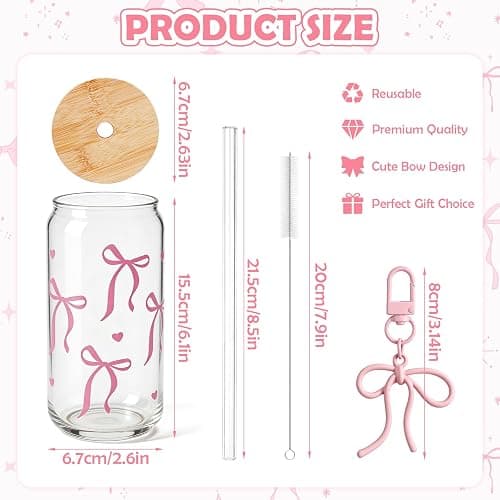 Mason Life Bow Glass Cup 18 OZ with Designs, Pink Bow Cup for Preppy Stuff, Cute Tumbler with Straw Cover & Keychain for Women Teen Girls Iced Coffee, Matcha and Smoothies thumbnail 3