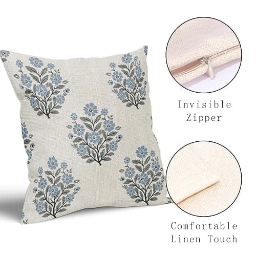 Grandmillennial Pillow Covers 18x18 Inch Set of 2 Blue Floral Block Print Cotton Linen Decorative Throw Pillow Case Grand Millennial Cushion Cover for Bedroom Sofa Living Room Chair Home Decor thumbnail 5