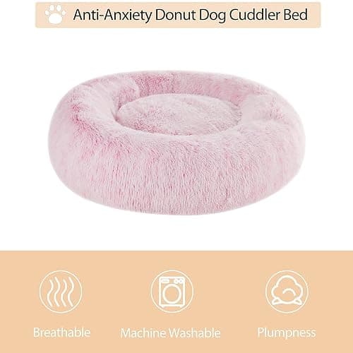 WNPETHOME Round Calming Pink Small Dog Bed Cat Bed for Comfy Sleeping, Cute Washable Puppy Bed with Fluffy Plush, Faux Fur Anti Anxiety Pet Bed Donut Cuddler (20 x 20 x 8 Inch) thumbnail 3