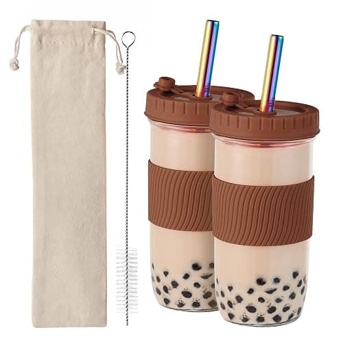 Amyoole 2 Pack Reusable Boba Cup,24Oz Wide Mouth Smoothie Cup,mason Jar Glass Cups with Lids and Straws,Bubble/Boba Tea Cups,Ice Coffee Tumbler 2 colored straws 1 sponge brush(Brown) - Image 1