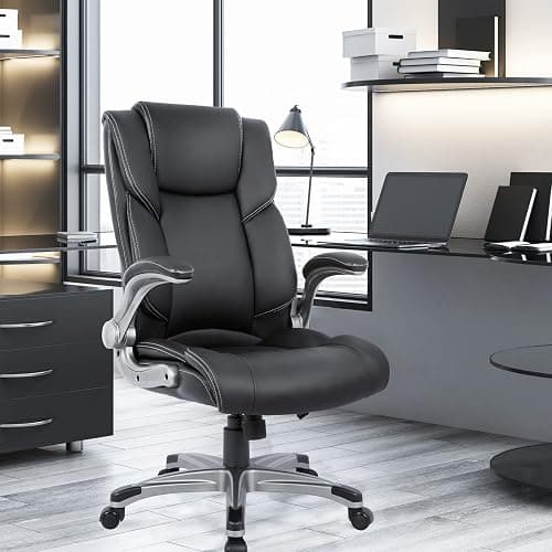 COLAMY High Back Executive Office Chair- Ergonomic Home Computer Desk Leather Chair with Padded Flip-up Arms, Adjustable Tilt Lock, Swivel Rolling Chair for Adult Working Study-Black thumbnail 2