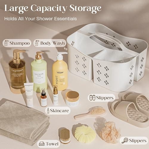 Portable Shower Caddy with Handle, Large Capacity Shower Basket Organizer, Quick-Drain Bathroom Storage Tote, Durable Plastic Shower Organizer for College Dorm, Beach, Gym, Travel Essentials, White thumbnail 3