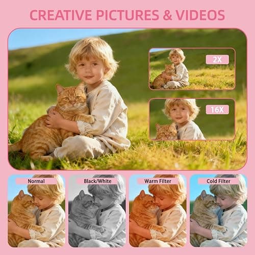 Digital Camera for Kids & Beginners 64GB SD Point and Shoot Digital Cameras | Compact pink digital camera & vlogging camera for kids. Durable drop-resistant design with tripod & 16X zoom for travel. thumbnail 5