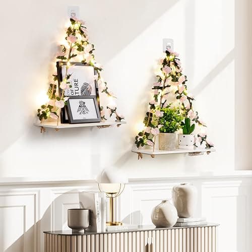 Floating Shelves for Wall No Drilling,Wall Shelves,Hanging Shelf,Leaves and Light Strip with Flower,Set of 2 Plant Decor for Home Livingroom Bedroom,Holiday Decor,Thanksgiving & Christmas Decorations thumbnail 2
