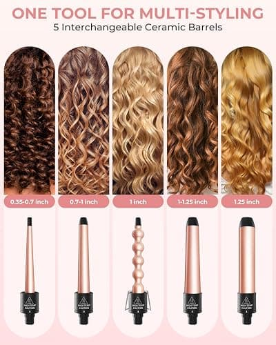 5 in 1 Curling Wand Set, Ohuhu Interchangeable Ceramic Barrels Curling Iron (9-32mm), Fast Heating Lightweight Dual Voltage Hair Curler for Home & Travel with Heat Glove & Clips, Gift for Women | Dual voltage, heats in 30 second, 356-410°F adjustable, travel-friendly, lightweight, 2 clips & heat glove, Gift for women thumbnail 2