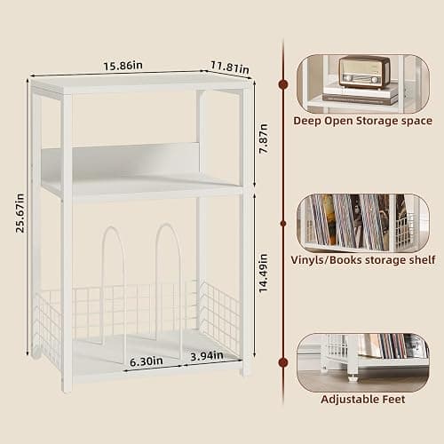LELELINKY White Side Table,Small Printer Stand with Storage Shelf,3 Tier Industrial Bedside Tables,Vinyl Record Player Stand,Modern Sofa Night Stands for Living Room Bedroom Office Small Spaces thumbnail 3