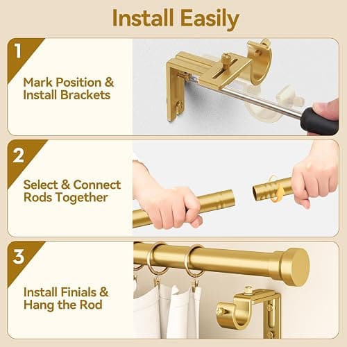 YaFex Curtain Rods 32-118 Inch, Heavy Duty 1 Inch Adjustable Curtain Rod for Windows, Gold Long Window Treatment Rods, Modern Design, Easy Installation thumbnail 8