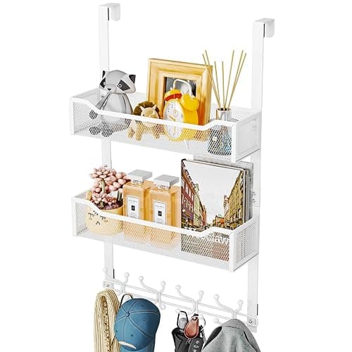 SWTYMIKI Over The Door Hook with 16 Hooks & 2 Mesh Baskets - Heavy Duty Over The Door Organizer Hanger for Towels, Coats, Clothes - Space Saving Hanging Rack for Bathroom, Living Room, White - Image 1