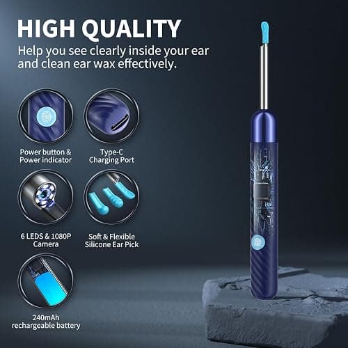 Ear Wax Removal Tool Camera - Ear Cleaner with Camera,1080P Otoscope, Ear Cleaning Tool with 6 Ear Spoon, Ear Camera for iPhone & Android Phones - Blue - Blue thumbnail 3