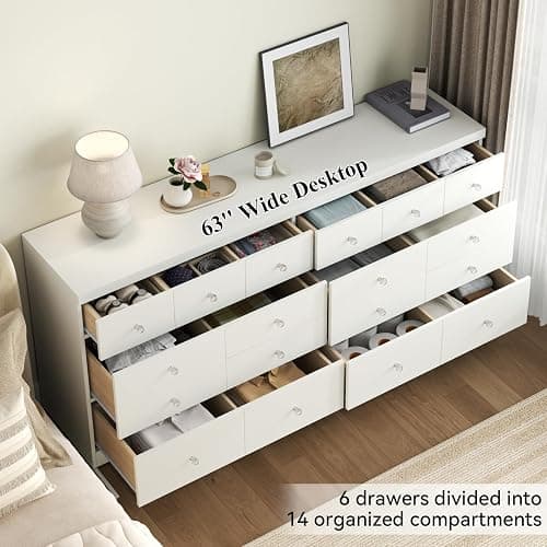 63'' Long Dresser for Bedroom, Modern 6 Drawer Dresser with 14 Organized Compartments & Glass Handles, Extra Large Chest of Drawers with Storage Drawer, Double Wide White Wood Dressers for Bedroom thumbnail 3