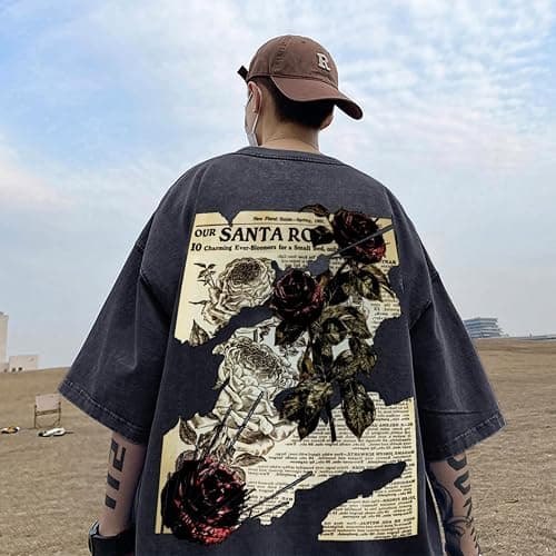 Lubpow Mens Acid Wash Tshirt Oversized Vintage Graphic T-Shirts Cool Grunge Rose Floral Shirt Trendy Y2K Streetwear Tee Tops thumbnail 3