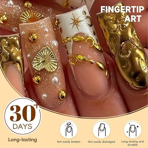 HOSAILY Gold Star Moon Press On Nails Medium Square - Semi-Handmade Fall Autumn/New Year Y2K Luxury False Fake Nail for Women, Gold Metal Heart Charms Design-24Pcs Durable Flexible Full Kit with Tools thumbnail 5