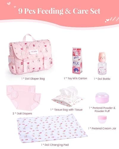 BABESIDE 9 Pcs Reborn Doll Accessories for 17-22 Inch Dolls, Diaper Bag | Diaper Bag Set with 2 Diapers, Changing Pad, Bottle, Tissue and Care Set, Great for Children's Pretend Play thumbnail 4