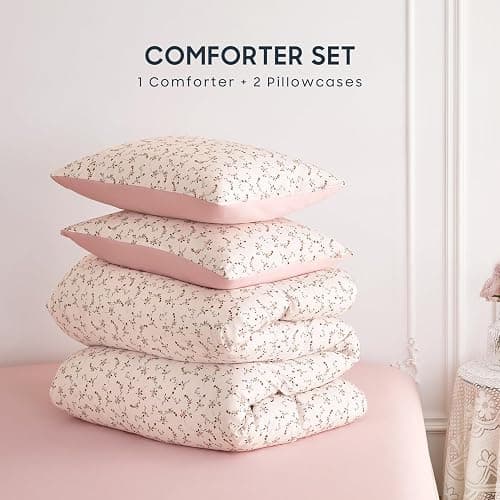 Wake In Cloud - Floral Comforter Set, Coquette Cottagecore Aesthetic Cute Flower Pattern for Women Teen Girls, Soft Lightweight Dorm Bedding, 3 Pieces, Dusty Pink, Queen Size thumbnail 2