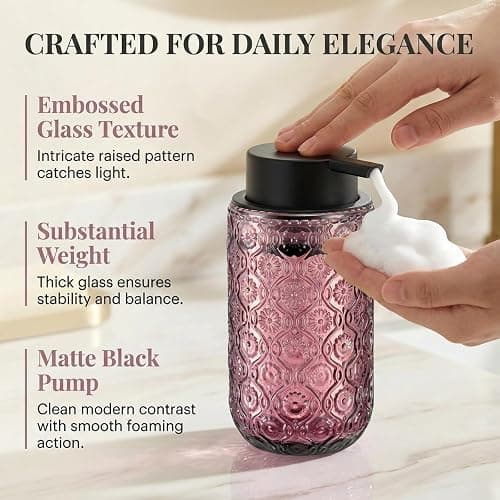 zuxzmj Pink Glass Foaming Hand Soap Dispenser with Matte Black Pump Thick Embossed Bottle Refillable for Bathroom and Kitchen Decor 13.5 oz thumbnail 3