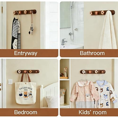 Kids Coat Rack Wall Mount - Wood Cute Flower Coat Hooks for Hanging Clothes,Purse,Robe,Towels,Backpack,Modern Decorative Walnut Wall hooks Heavy Duty Hanger for Girls Nursery,Bathroom,Entryway&Bedroom thumbnail 7