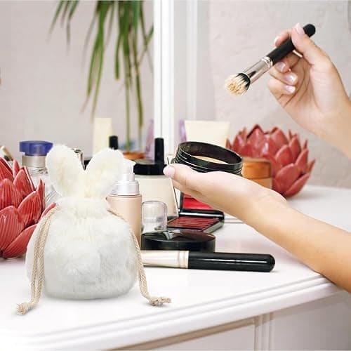 Luxshiny Plush Bunny Ears Drawstring Bag: Soft Plush Bag Cute Bunny Makeup Pouch for Travel and Daily Use, Beige White Cosmetic Pouch Fluffy Purse for Girls thumbnail 2