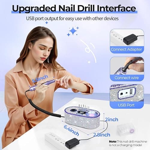 JOSGLOI Electric Nail Drill Professional: Shiny 40000RPM Electric Nail File Kit E File Nail Drill Machine with LCD Display for Acrylic Gel, Manicure Pedicure Polishing Grinder for Salon Home, Diamond thumbnail 6