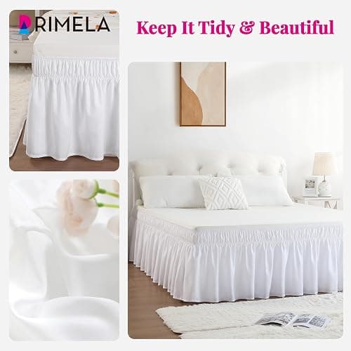 RIMELA Queen Bed Skirt 14 Inch Drop White, Wrap Around Elastic Bed Skirts Queen Size Dust Ruffle, Bedskirt for Adjustable Bed Base Solid Silky Fabric Machine Washable Easy to Install thumbnail 3